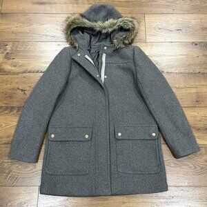 J Crew Coat Womens 8 Vail Parka Gray Wool Blend Faux Fur Trim Hood Lined Jacket